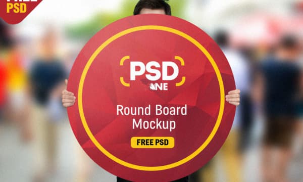 Man Holding Round Board Mockup Free PSD
