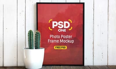 Free Photo Poster Frame with Flower Pot Mockup PSD